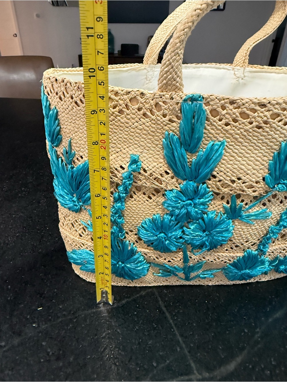Vintage Raffia tote/beach bag with Raffia Floral Embroidered turquoise flowers - Picture 8 of 11